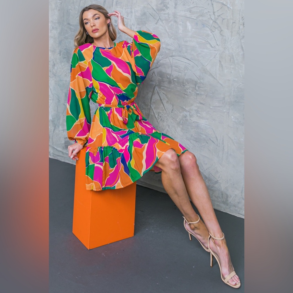 Flying Tomato Bold Wave Print Mini Dress in Green & Pink - Picture 4 of 5